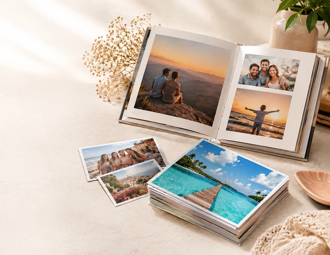 Álbum fotográfico abierto con fotos impresas y recuerdos familiares para promoción de impresión fotográfica copia