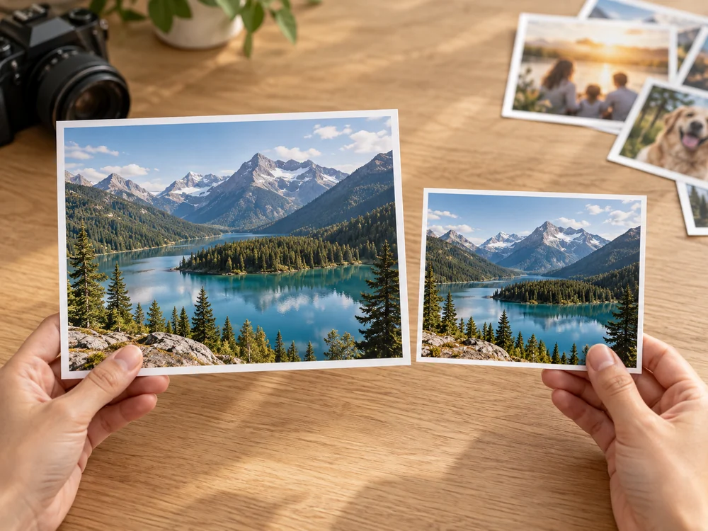 Manos comparando dos fotografías impresas de un paisaje en distintos tamaños sobre una mesa de madera clara.