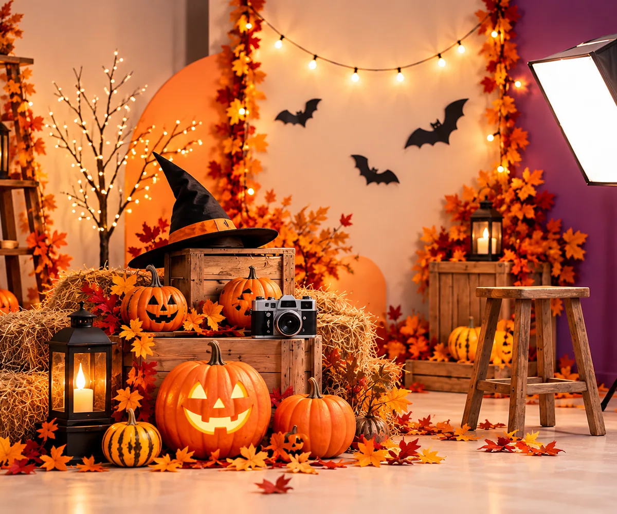 Escenario fotográfico de Halloween con calabazas, luces cálidas y decoración temática para promocionar los combos de Foto a Digital.